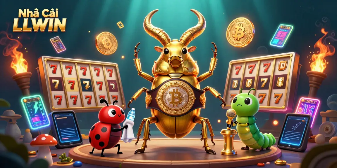 Engaging scene of Nhà cái LLWIN represented by a golden stag beetle in a boxing belt, amidst vibrant casino elements.