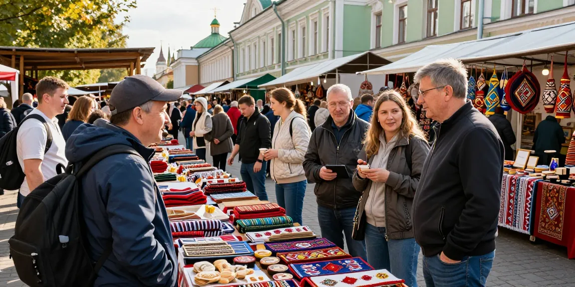 Rusya'da yerel satıcılarla etkileşimde bulunan turistler, https://payinrussia.com/ arka planda geleneksel mimari ile renkli pazar.