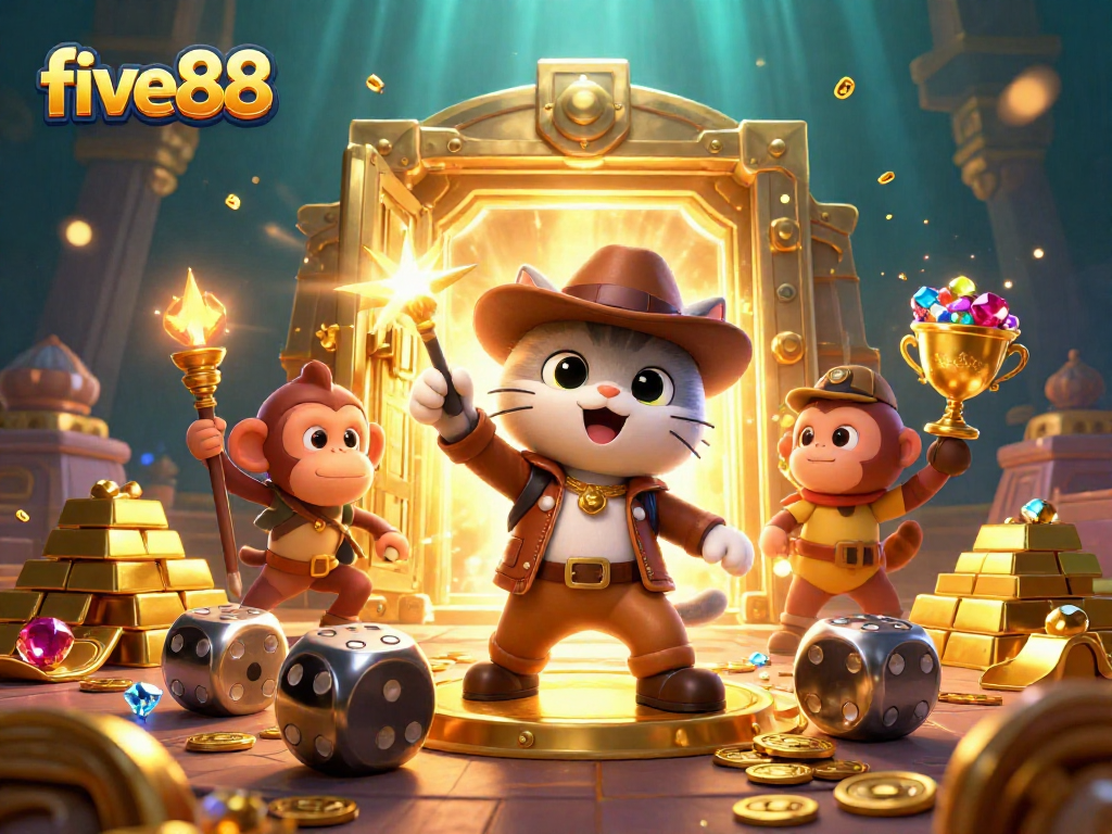 Experience the excitement of five88 with an adventurous scene featuring a treasure-hunting cat discovering casino artifacts.