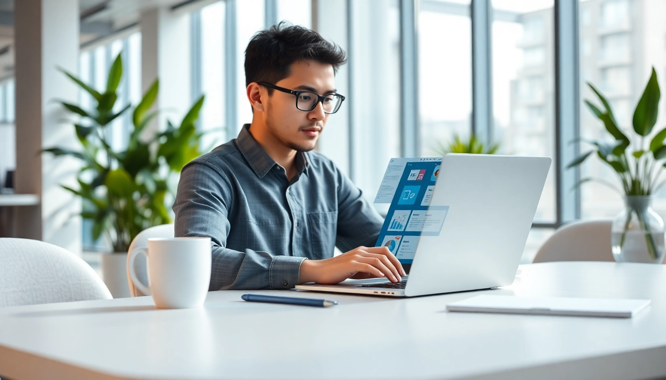 WPS下载：一位专业人士在明亮现代的办公室中使用WPS Office软件。