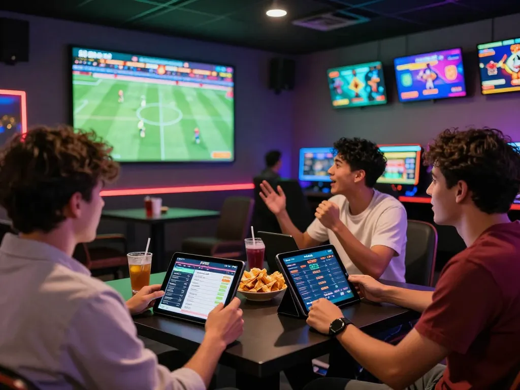 Friends enjoying live sports betting on PUB88 in a vibrant gaming lounge.