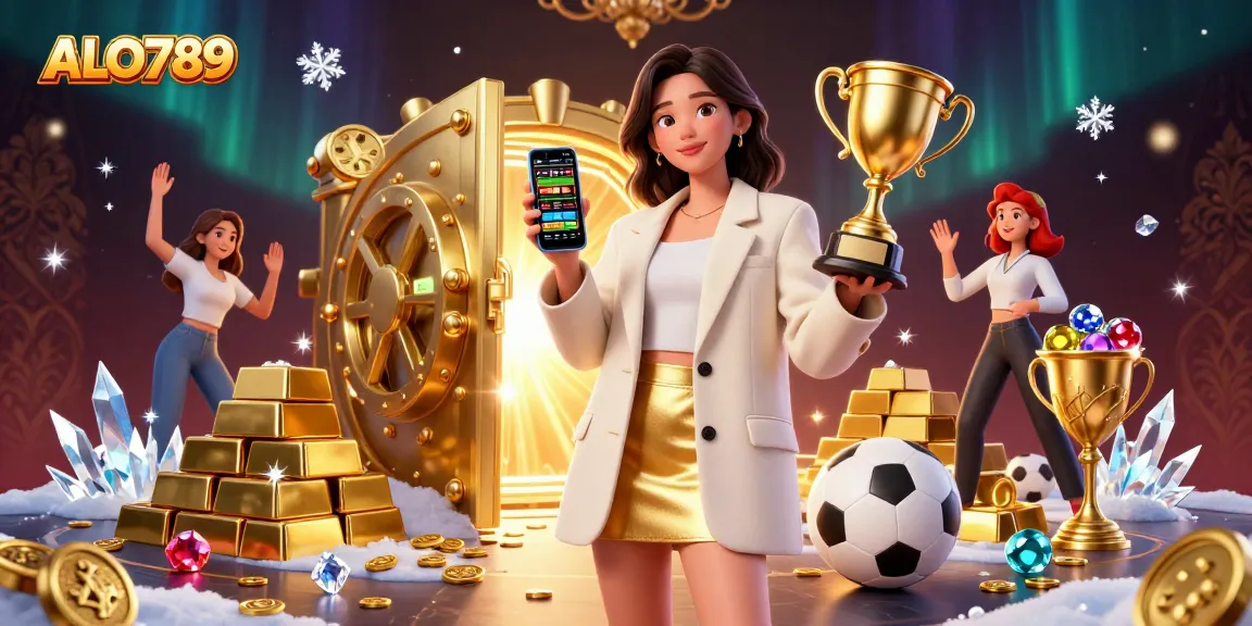 Participate in ALO789's thrilling sports betting experience with vibrant golden visuals and gems.
