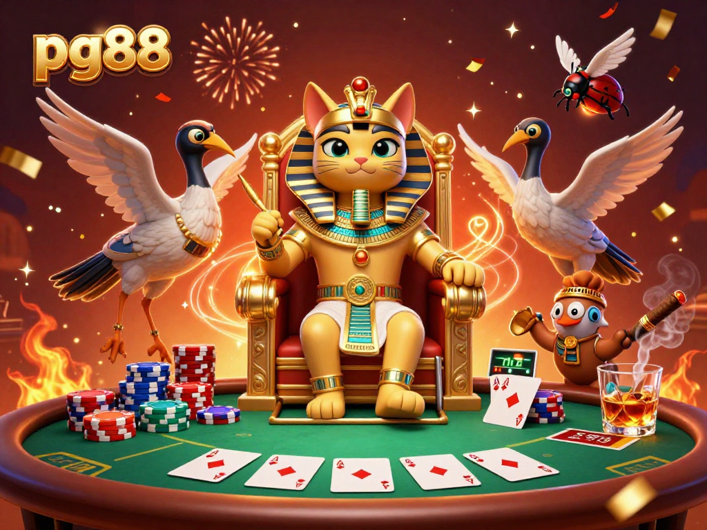 Engage with pg88's captivating 3D illustration of a pharaoh cat amidst poker elements.