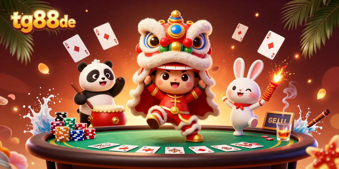 Engage with tg88de as cute characters dance in a vibrant casino scene filled with poker elements.