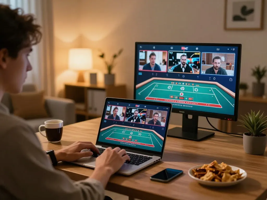 Person enthusiastically playing 11bet casino games on a laptop in a cozy home setting.