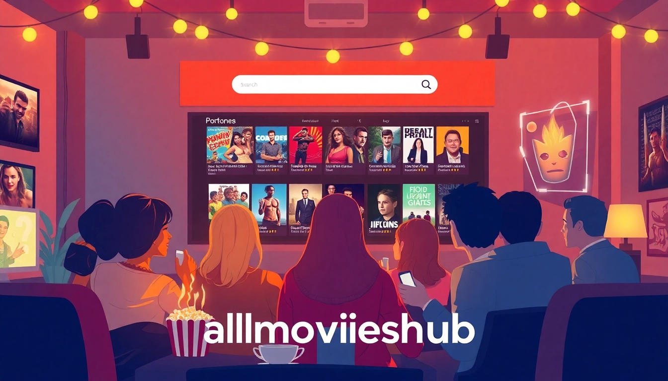 Group of friends enjoying a movie night on allmovieshub, featuring a cozy atmosphere and vibrant film genres.