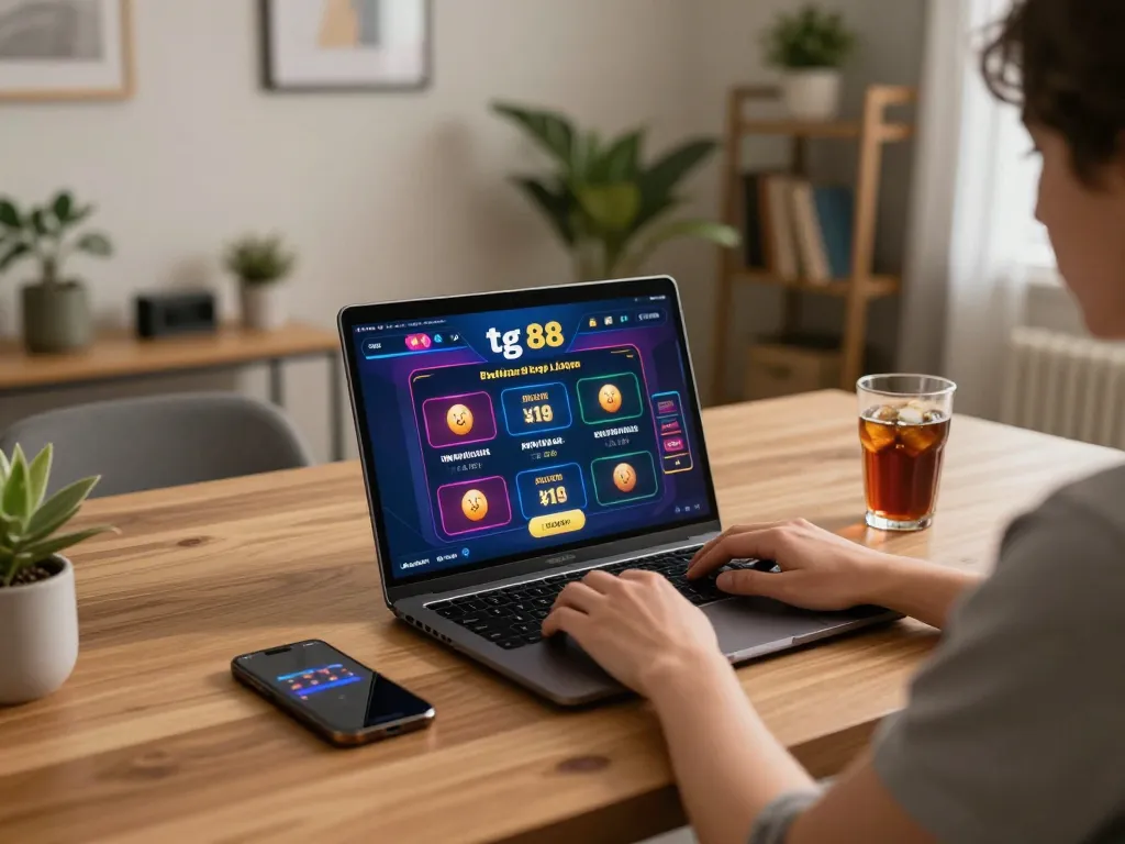 Engaging in tg 88 online gaming with vibrant graphics on laptop and relaxing home environment