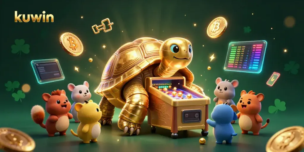 Engage with kuwin's dynamic gaming scene featuring a pinball tortoise and crypto elements.