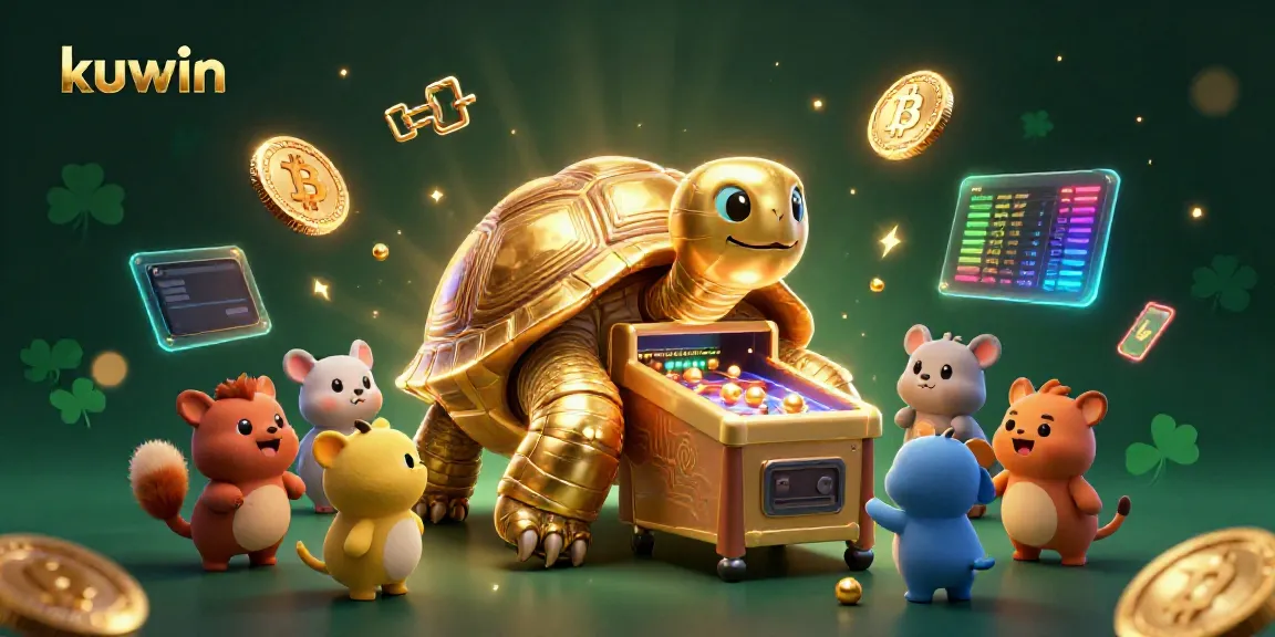 Engage with kuwin's dynamic gaming scene featuring a pinball tortoise and crypto elements.