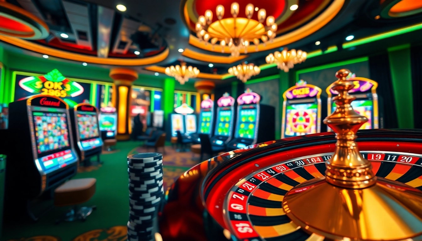 Players engage with thrilling online games at OK365 casino, featuring vibrant poker chips and slot machines.