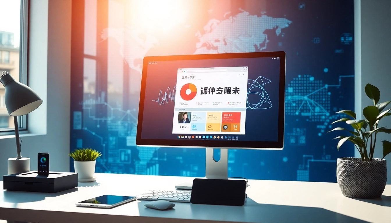 快连下载 interface on a computer screen in a modern workspace, symbolizing global connectivity and tech innovation.