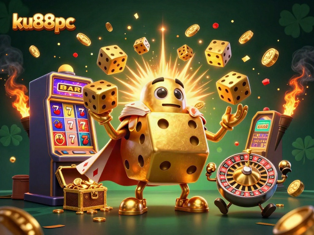 Engage with ku88pc's exciting jackpots and games featuring golden dice and vibrant casino elements.