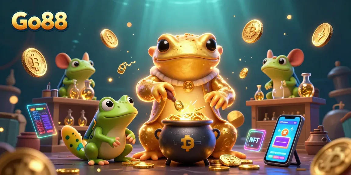 Go88 reveals a dynamic casino scene with golden coins, alchemical magic, and vibrant gaming elements.