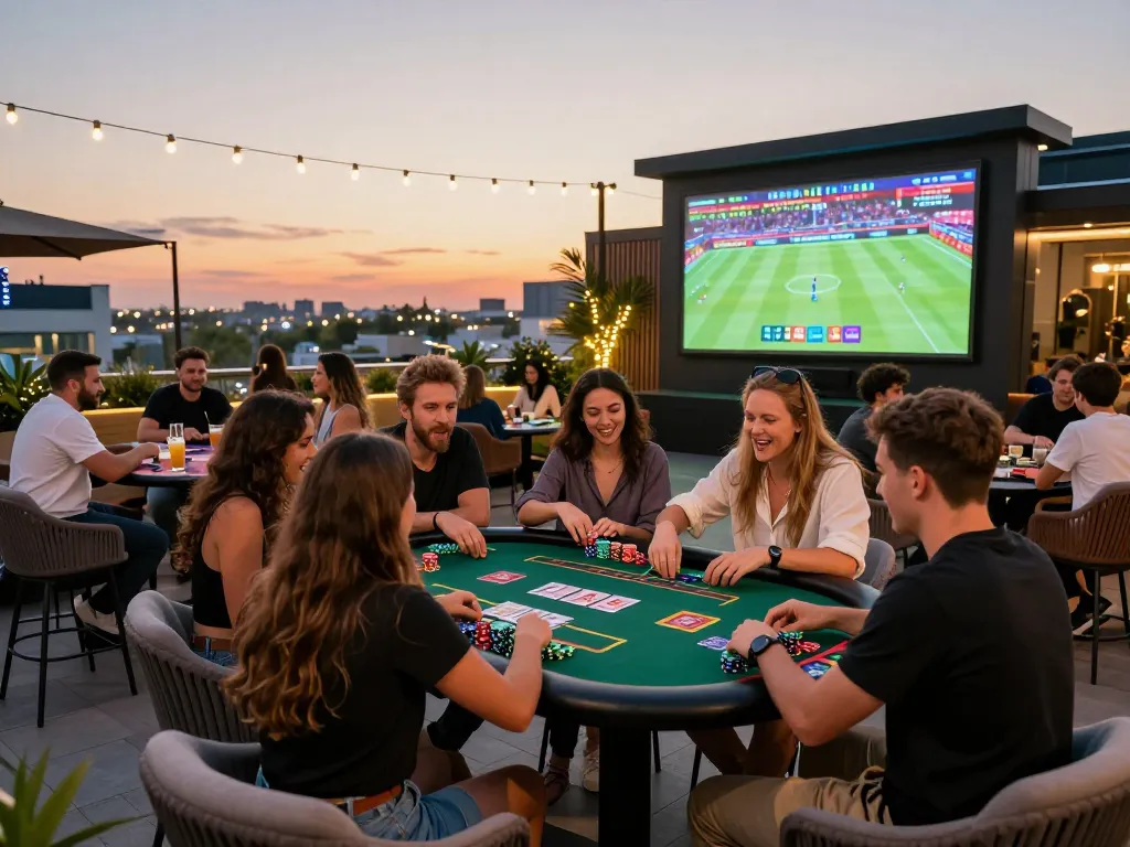 Friends enjoying a thrilling card game at a rooftop party while attending ku88 online casino event.