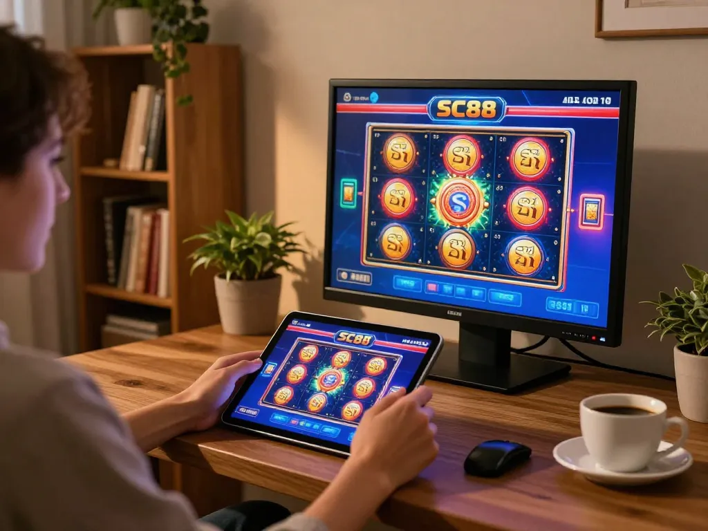 Play slots on SC88 casino tablet in a cozy living room setup with warm lighting