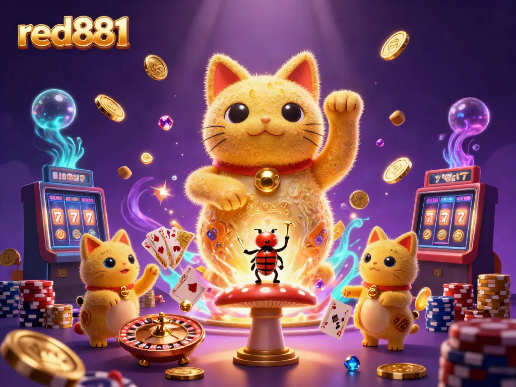 Experience vibrant excitement with red881's animated casino elements featuring a lucky cat and dynamic gameplay.