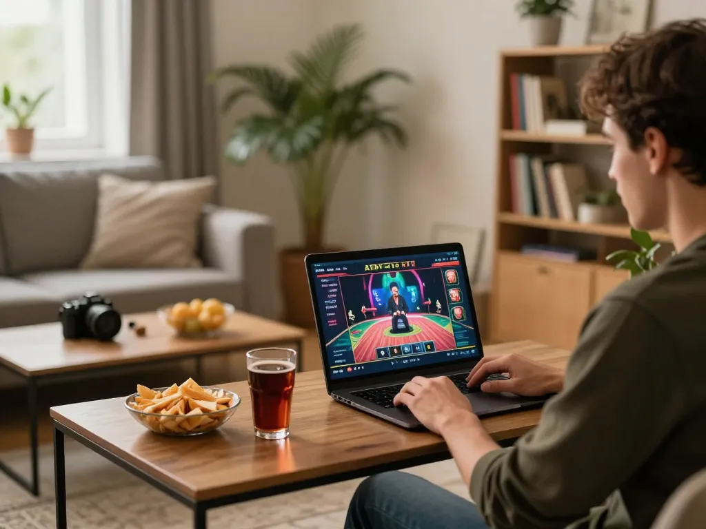 RR 88 player engaging in online casino gaming at home with laptop and snacks, highlighting relaxed and strategic atmosphere