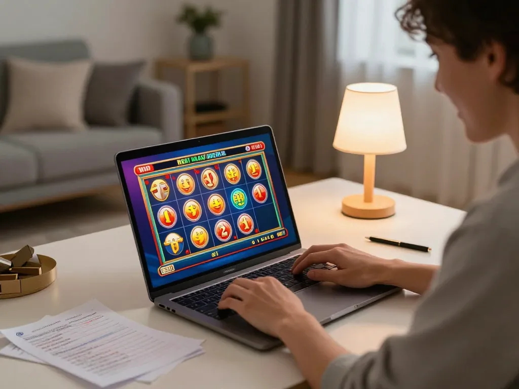 Engaging in online slots at one88, a player enjoys a strategic gaming session at home.