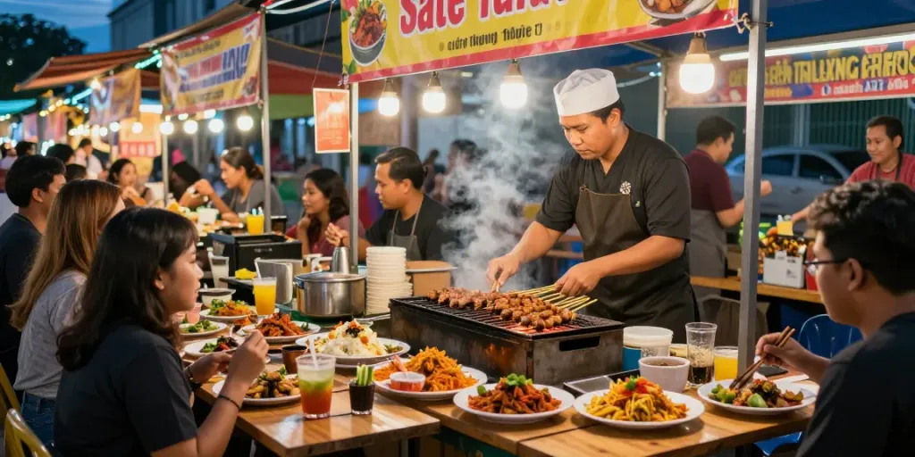 Discover the vibrant street food scene with rokok88 login, featuring Sate Taichan grilling in action.