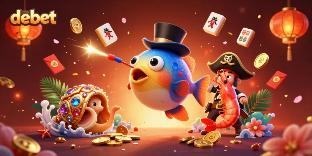 Experience thrilling debet gaming with an anglerfish, pirate shrimp, and treasure snail in a vibrant casino scene.