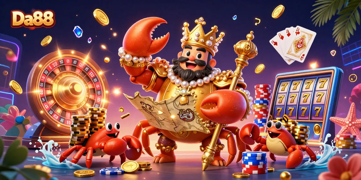 Celebrate wins at Da88 with a vibrant 3D scene of a golden crab emperor amidst dynamic casino elements.