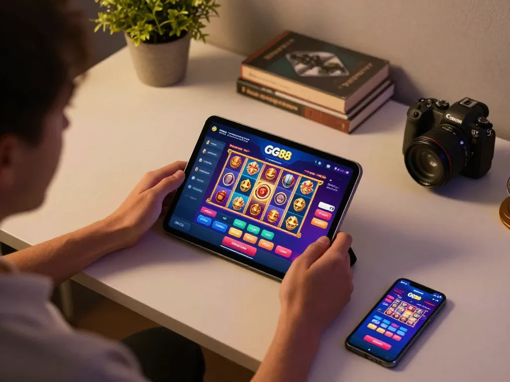Person engaging with GG88 online casino app on a tablet, highlighting personalized gaming atmosphere.