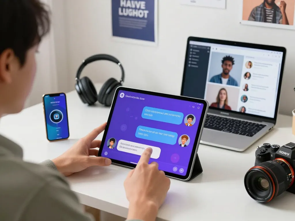 Engaging user interaction with CrushOn AI character on a modern tablet, showcasing vibrant chat interface and tech ambiance.