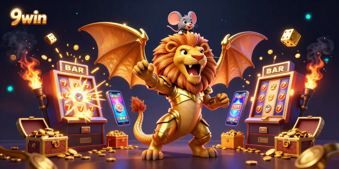 Experience the thrilling jackpot explosion at 9win with golden coins and vibrant casino elements flying around.