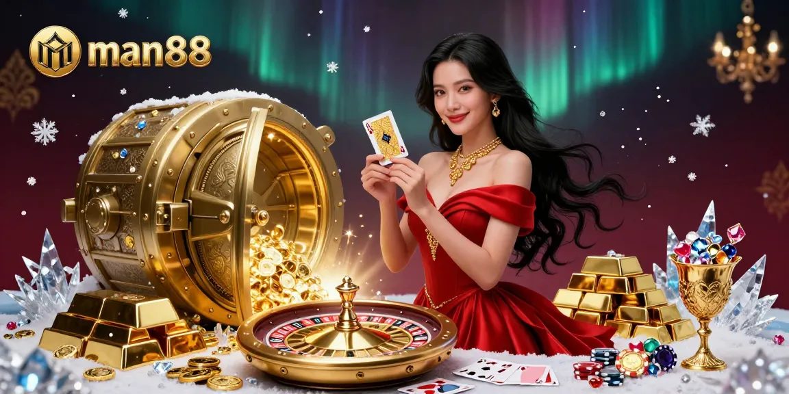 Experience the thrill of man88 casino with stunning visuals of a glamorous young woman and golden game elements.