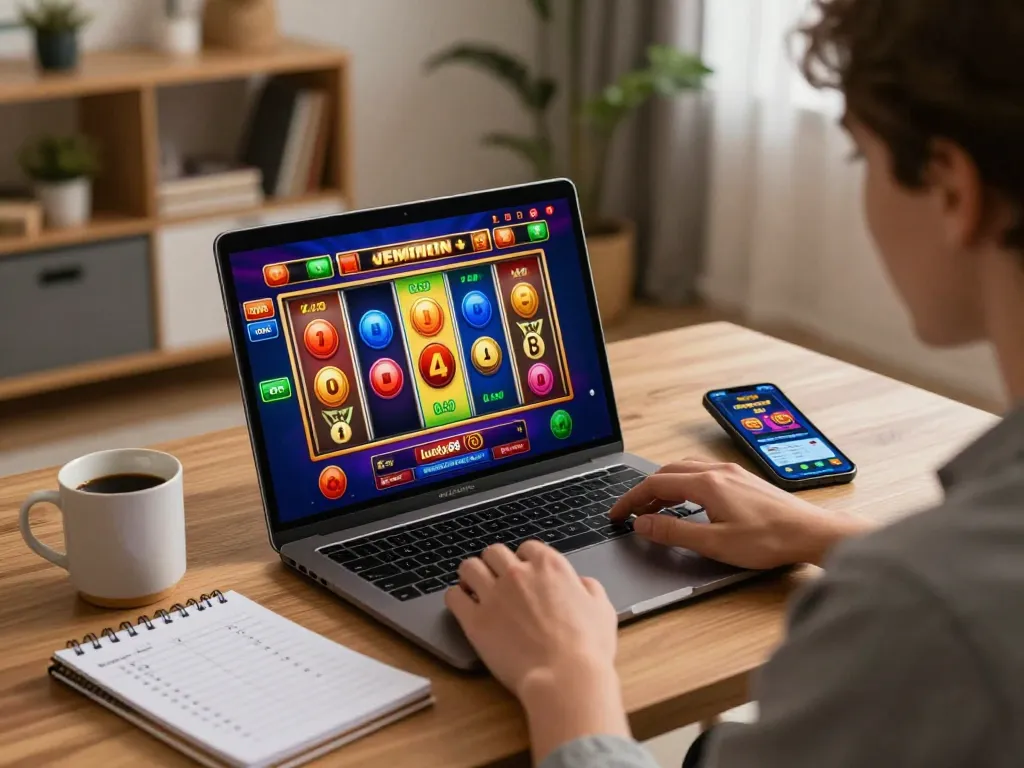 Playing exciting slots on lucky88 at a cozy home gaming setup with a laptop and smartphone.