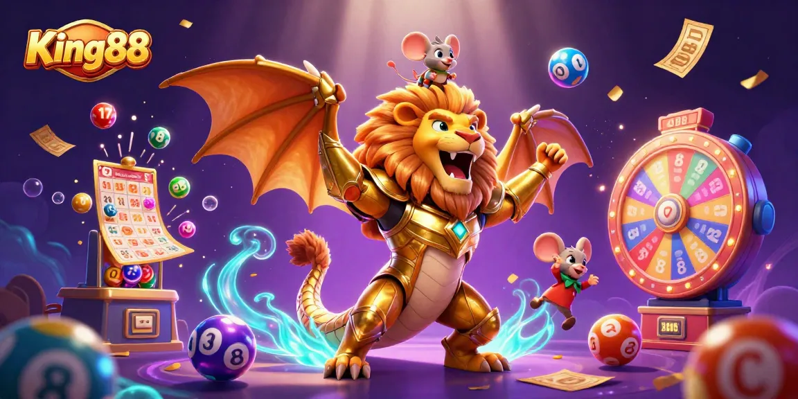 Join King88 for thrilling gameplay with vibrant lottery elements and a roaring chimera in action.