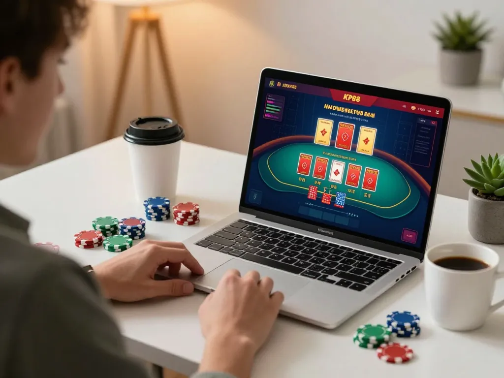 KP88 player enjoying live dealer blackjack on a laptop at home, focusing on strategic gameplay.