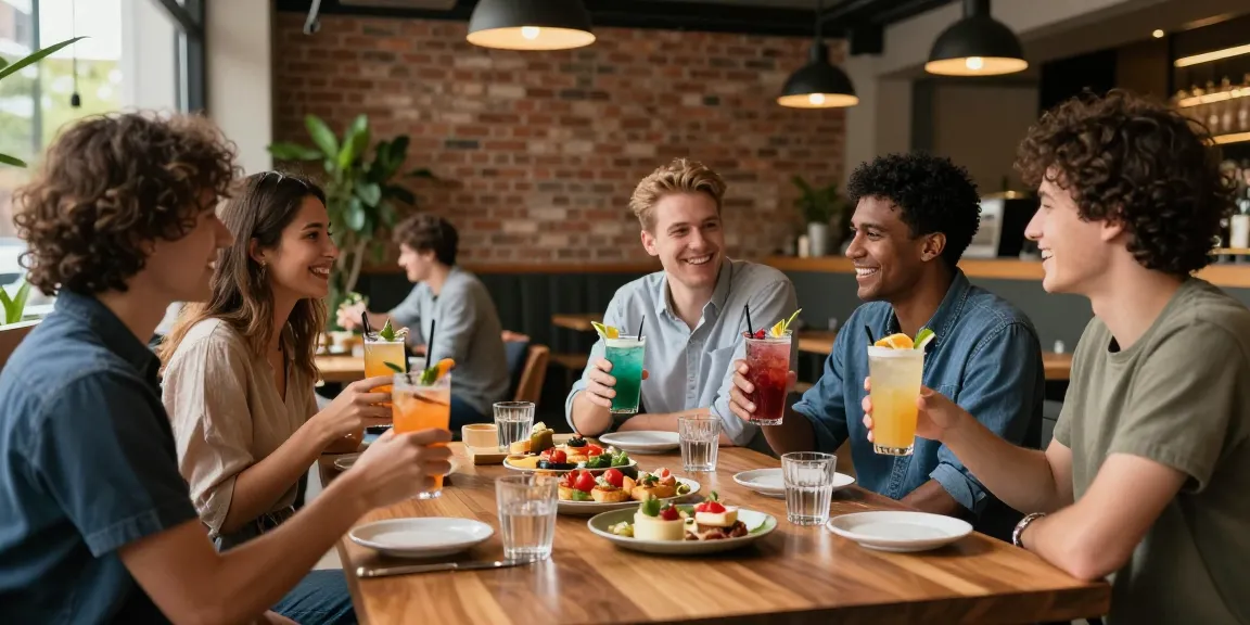 Friends enjoying drinks and appetizers at rokok88, a modern café with an inviting atmosphere.