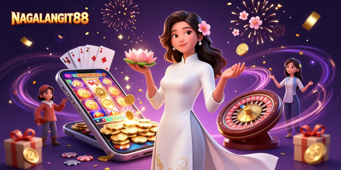 NAGALANGIT88 showcases a vibrant casino scene featuring a graceful woman holding a lotus flower and golden coin.