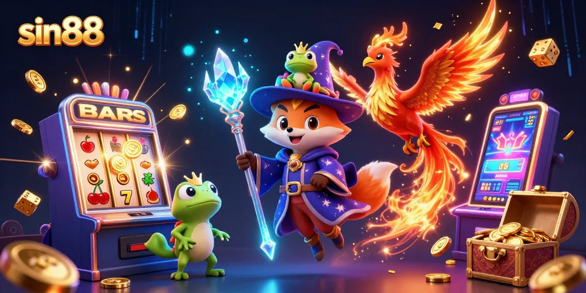 Experience the thrill of gaming with sin88's vibrant 3D wizard fox and phoenix slot machine scene.