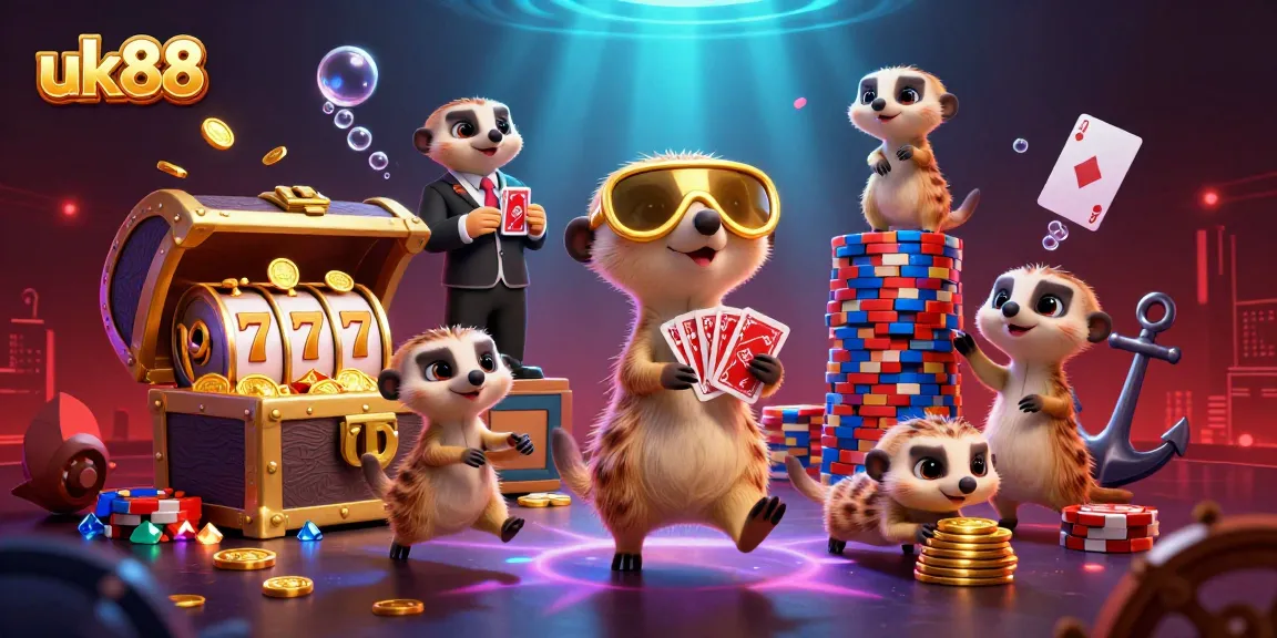 uk88 meerkats running a vibrant casino scene with slots and treasure in an underwater setting.