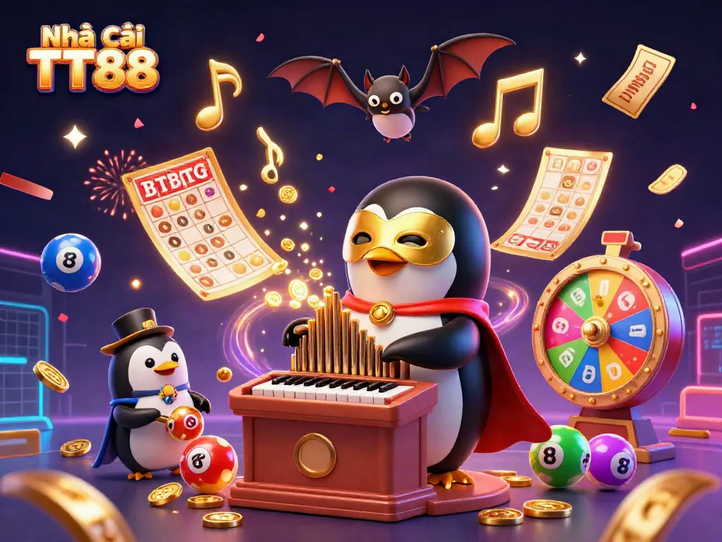 Experience the exciting world of Nhà cái TT88 with vibrant casino elements and a playful penguin musician.