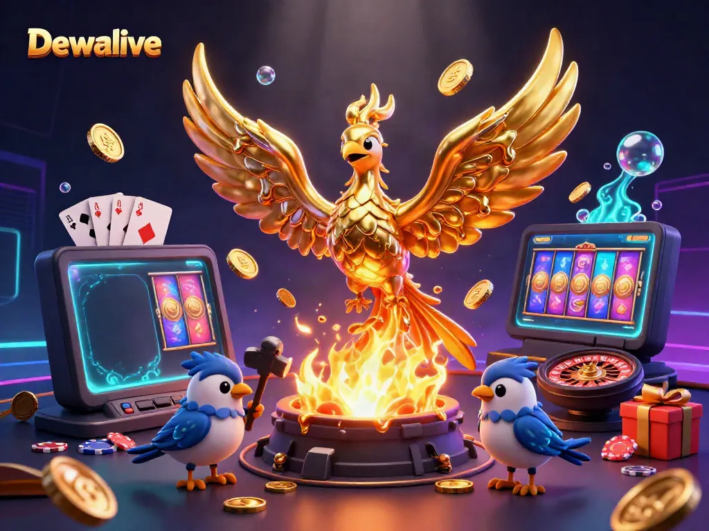 Dewalive menghadirkan ilustrasi fantasi 3D dengan phoenix emas, simbol keberuntungan di dunia togel.
