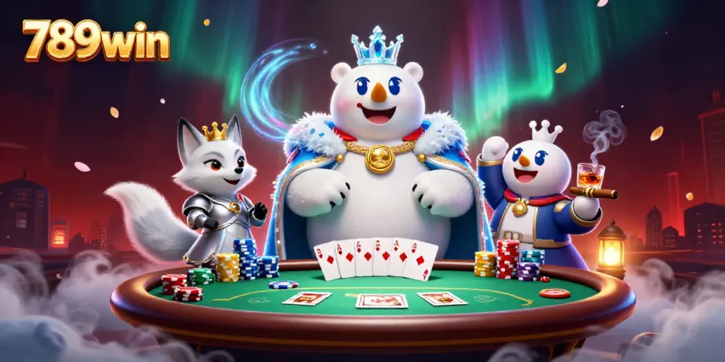 Engage with 789win’s vibrant casino scene featuring a polar bear royalty and snowy companions.