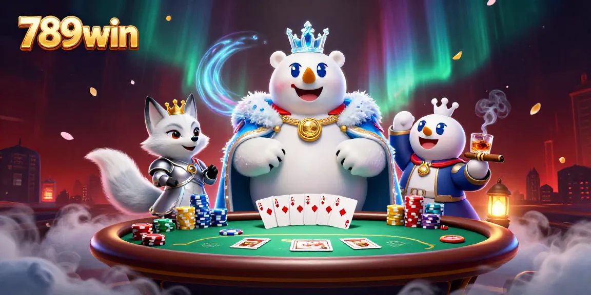 Engage with 789win’s vibrant casino scene featuring a polar bear royalty and snowy companions.