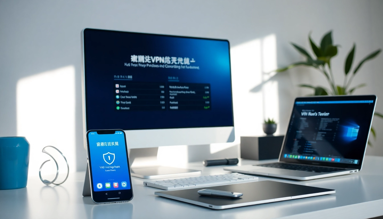 快连官网 interface displayed on multiple devices in a modern workspace, showcasing the VPN application.