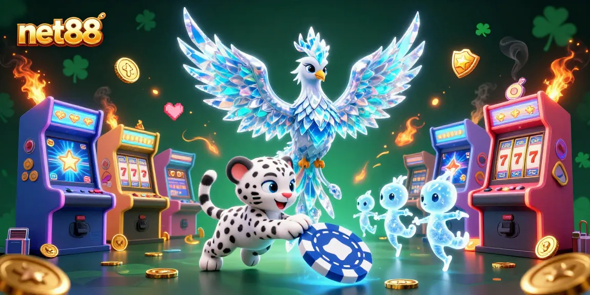 Experience gaming excitement with net88's lively ice phoenix among colorful casino elements.