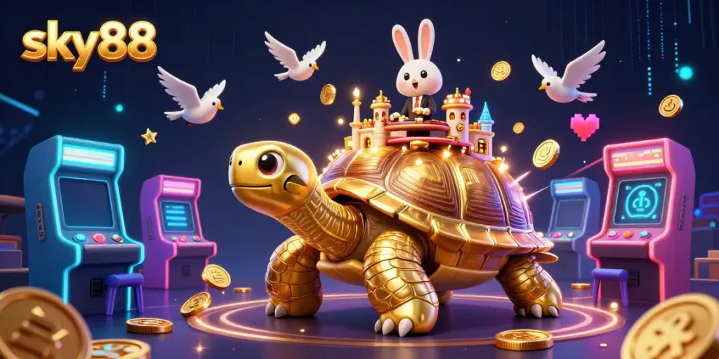Engage in thrilling gaming at sky88 with a lively 3D casino scene featuring a golden tortoise and vibrant casino elements.