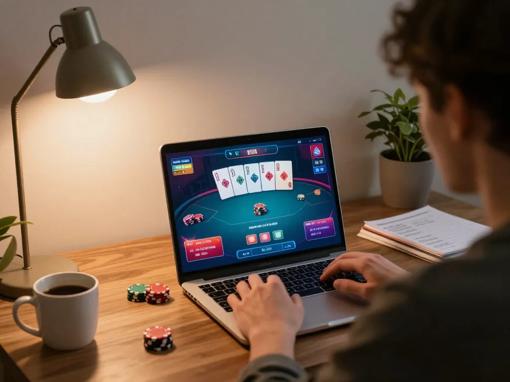 KJC poker session at home, focused player engaging with online game interface on laptop.
