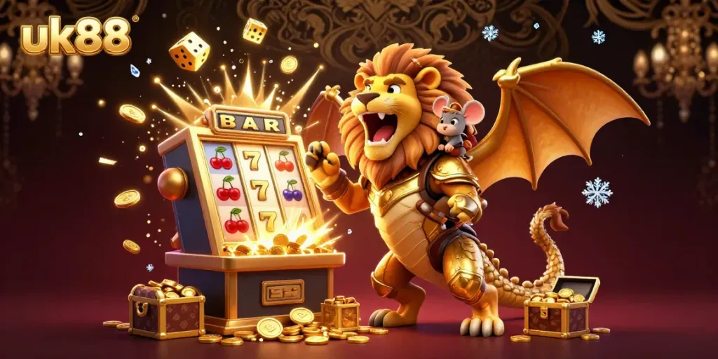 Engage with the exhilarating jackpot excitement at UK88 featuring a majestic chimera and vibrant casino elements.