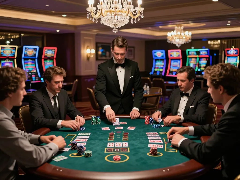 33win players engaged in thrilling blackjack gameplay with colorful chips and dealer in tuxedo.