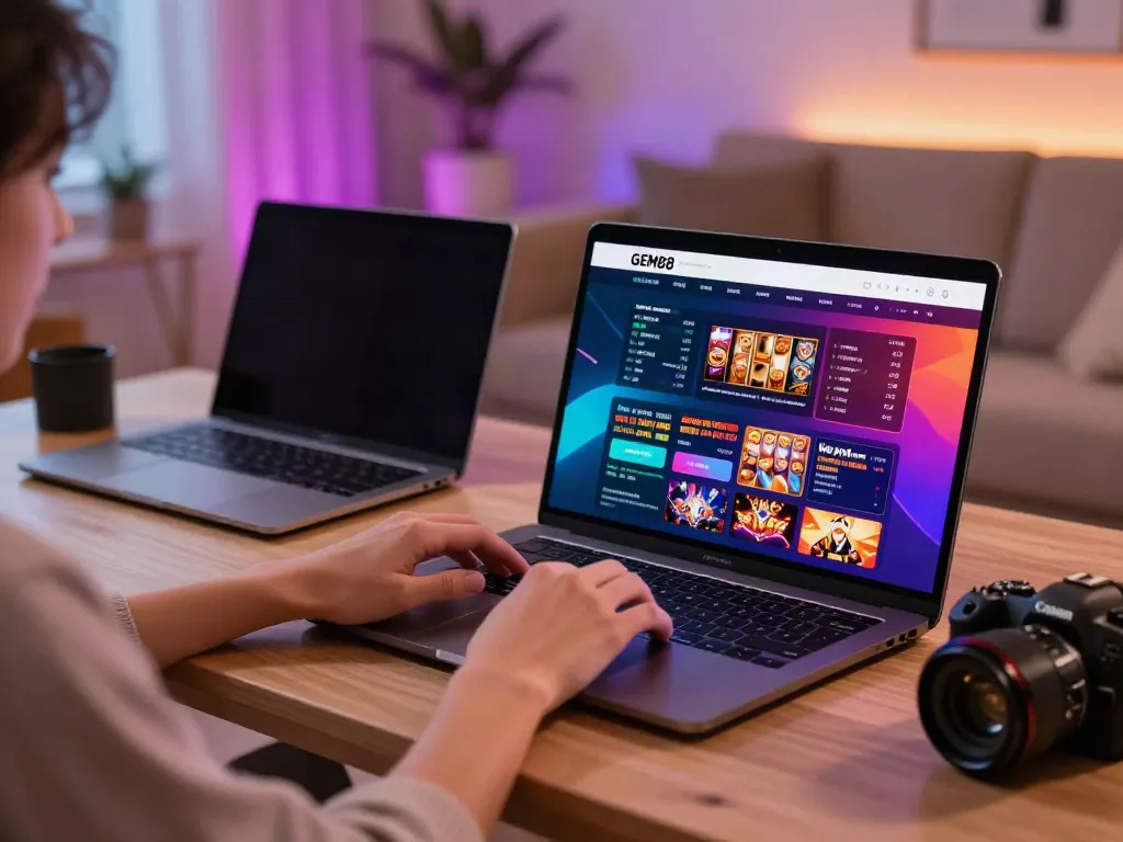 GEM88 online gaming experience featuring a user on a laptop with vibrant dashboard and cozy ambiance.
