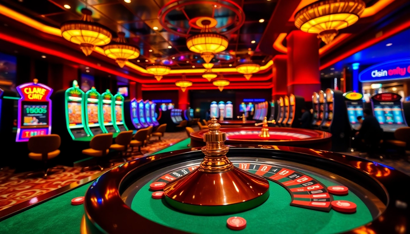 Players engaging with slot machines at https://vsbet3.net/ in an elegant casino with vibrant lighting.