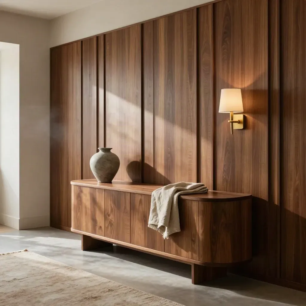 Ribbed ceviz duvar panelleri, alçak sideboard ve sıcak aplikli sakin salon duvarı.