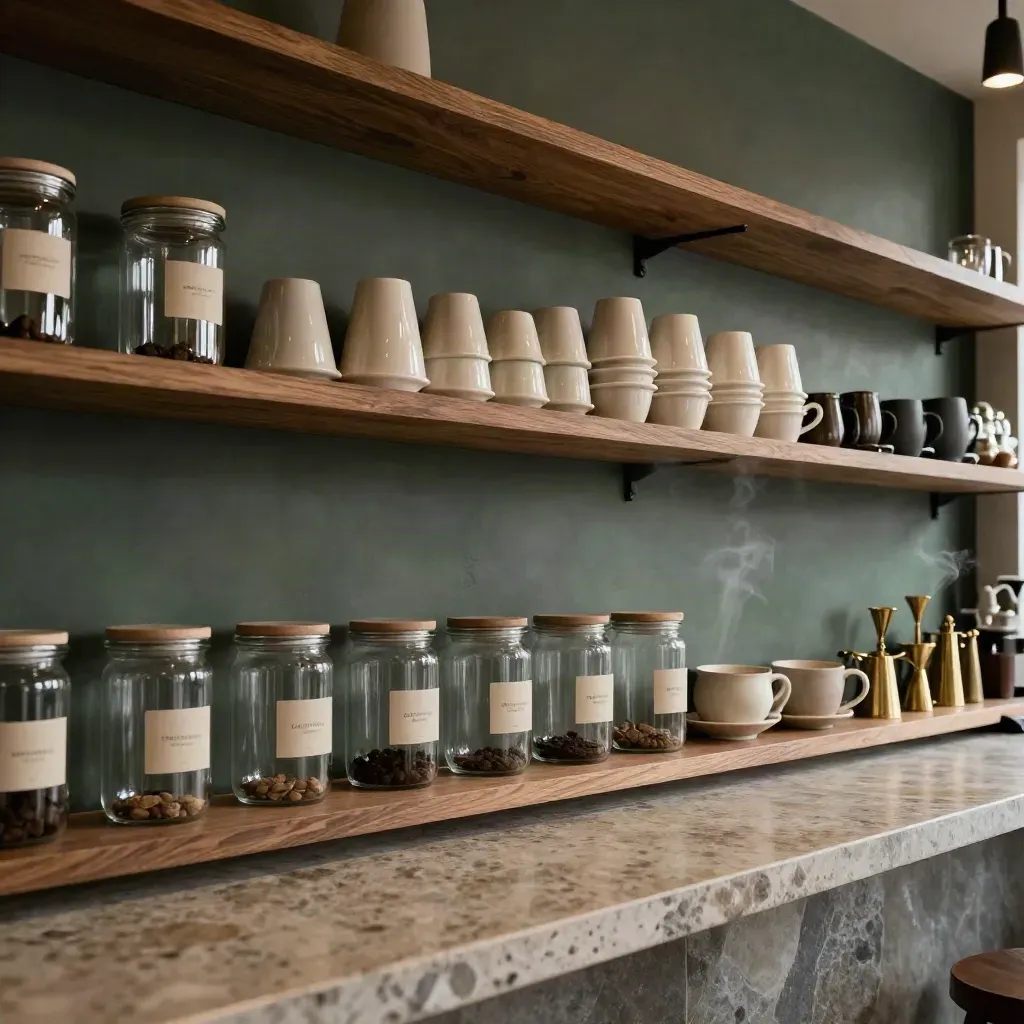 Moda’da bar arkası ceviz raflar, cam kavanozlar ve fincanlarla sıcak kafe iç mekânı.